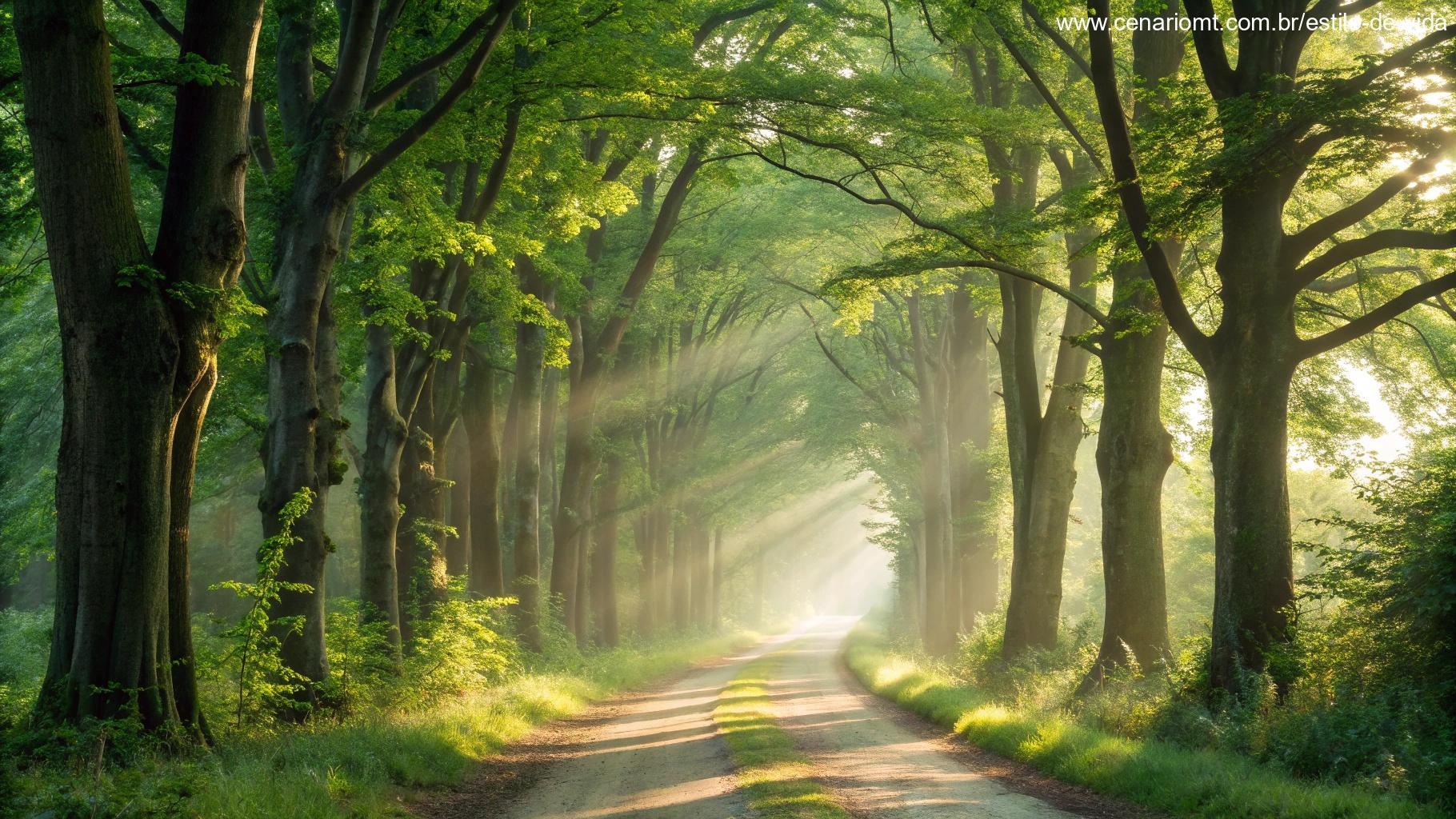 Um caminho sereno na floresta banhado por luz suave da manhã, árvores altas com folhas verdes, raios de sol filtrando entre os galhos, atmosfera pacífica e inspiradora