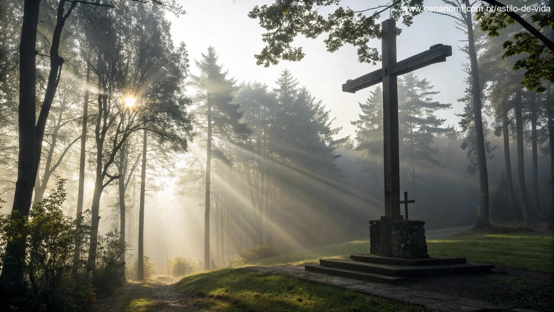 Luz do sol atravessando as árvores e iluminando uma cruz de madeira em um cenário espiritual