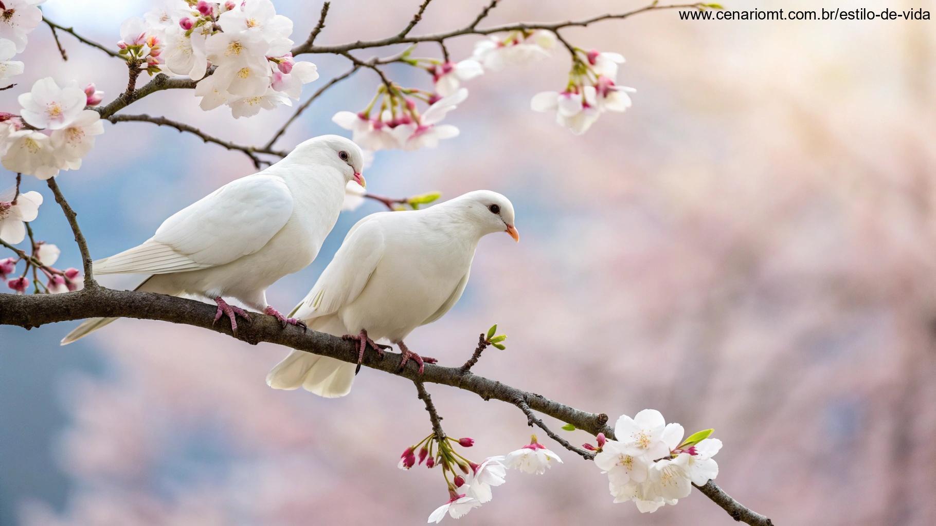 Pombo branco pousado em um galho florido, com cores suaves ao fundo, transmitindo ternura e espiritualidade