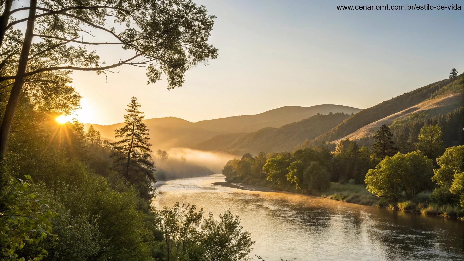 Cenário natural sereno com sol nascente lançando luz dourada sobre colinas suaves e rio calmo, cercado por árvores e céu limpo, simbolizando motivação e fé para transformar a quinta-feira em maio de 2025