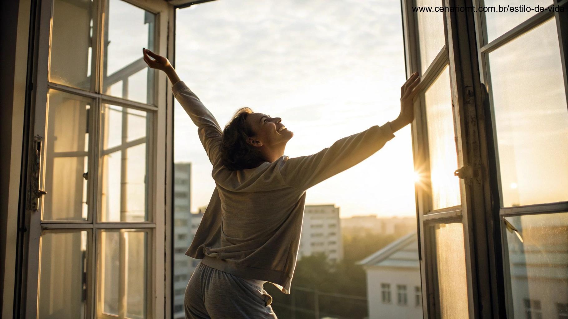 Pessoa se espreguiçando com alegria diante de uma janela aberta, com raios de sol entrando e simbolizando motivação e um novo começo para a segunda-feira, 12 de maio de 2025