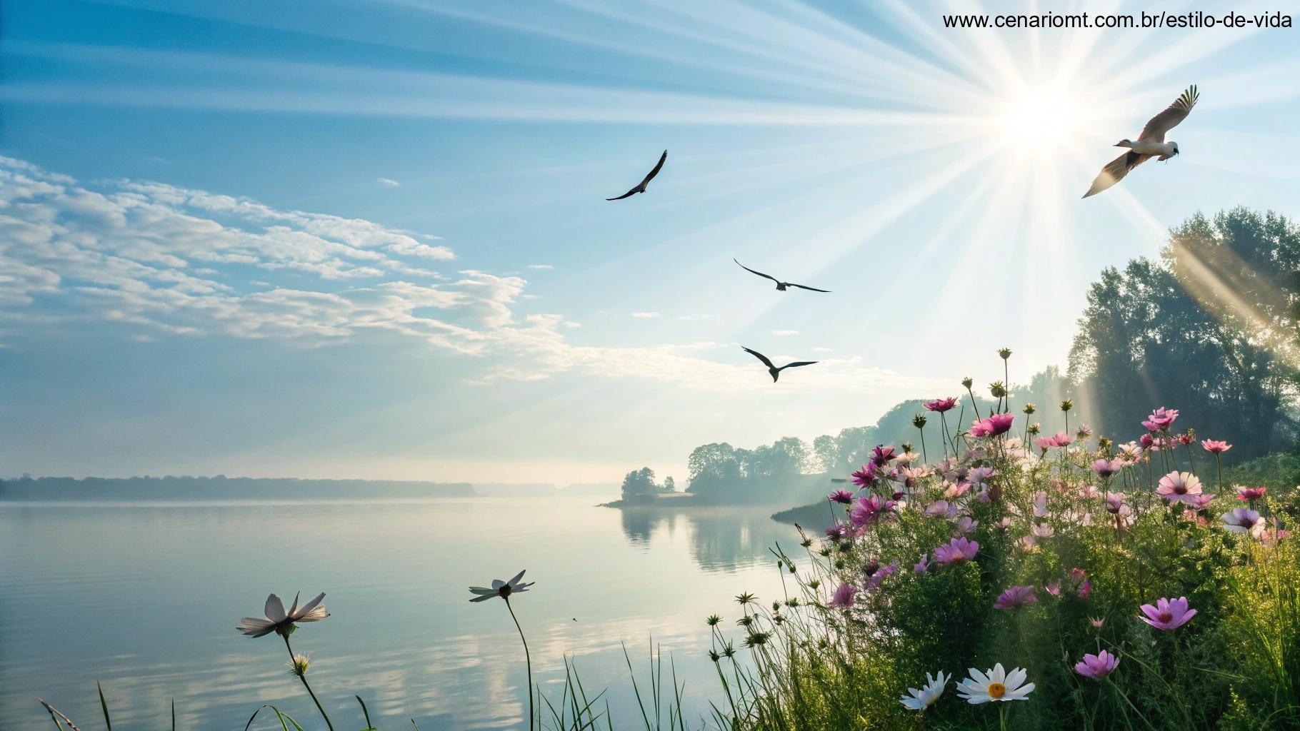 Céu claro da manhã com sol radiante sobre um lago tranquilo e flores desabrochando