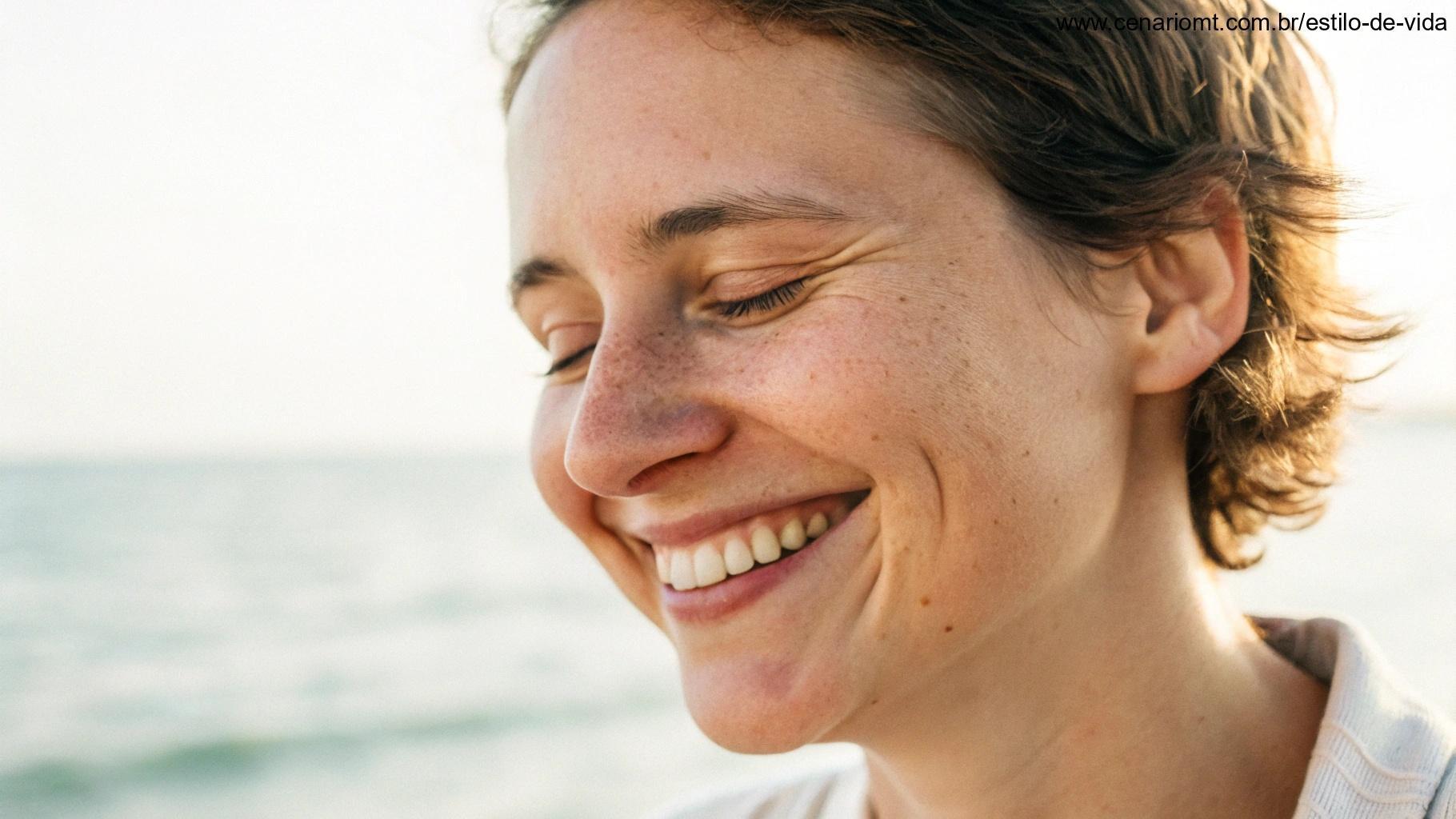 Close-up de uma pessoa sorrindo em um ambiente calmo, com luz natural suave iluminando seu rosto.