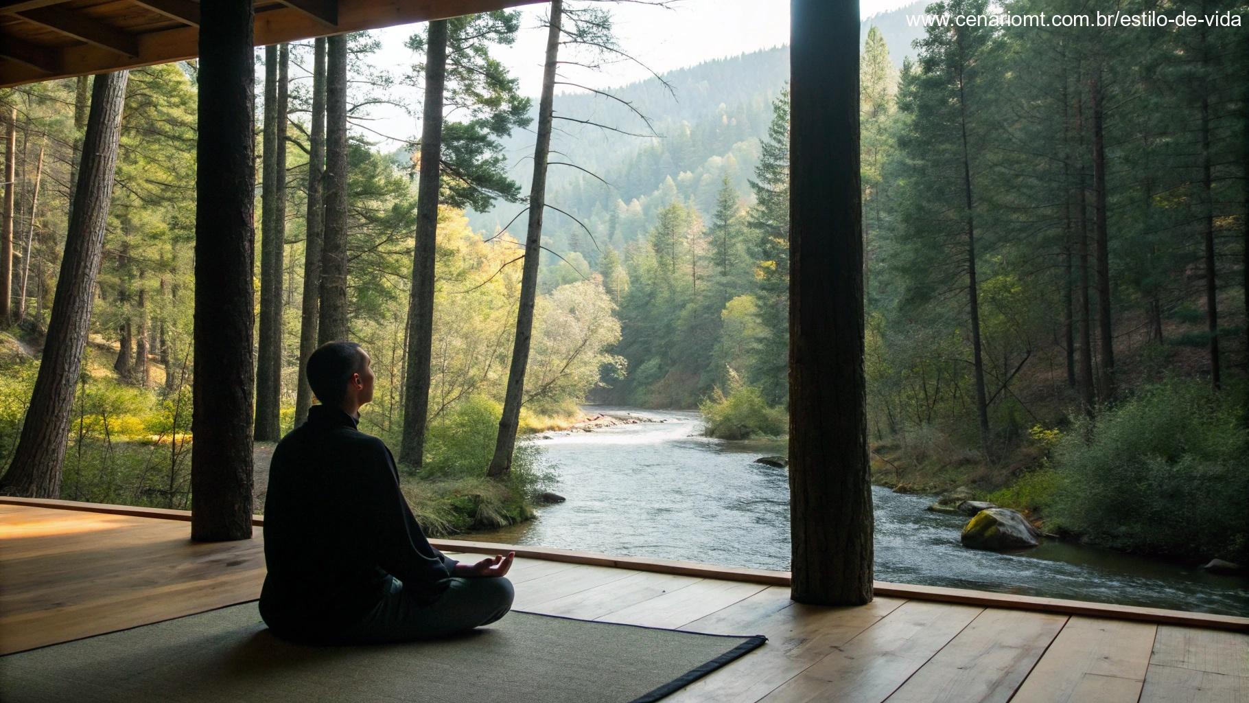 Espaço tranquilo com uma pessoa em contemplação silenciosa, cercada pela natureza, evocando o poder da oração e da meditação.