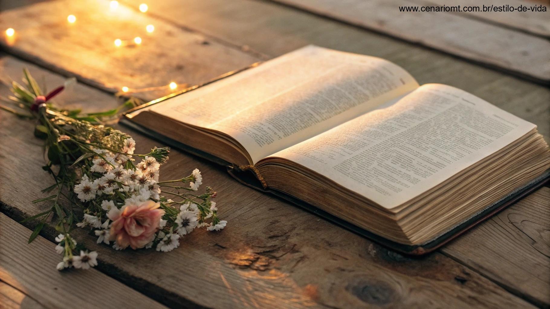 Livro antigo aberto com páginas iluminadas por luz quente, sobre uma mesa rústica de madeira com flores delicadas próximas, simbolizando o poder da palavra e a contemplação diária