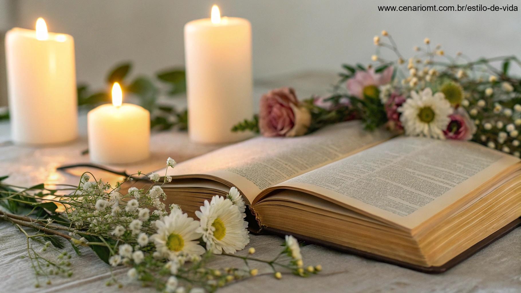 Livro aberto com luz dourada e velas ao redor, representando sabedoria espiritual