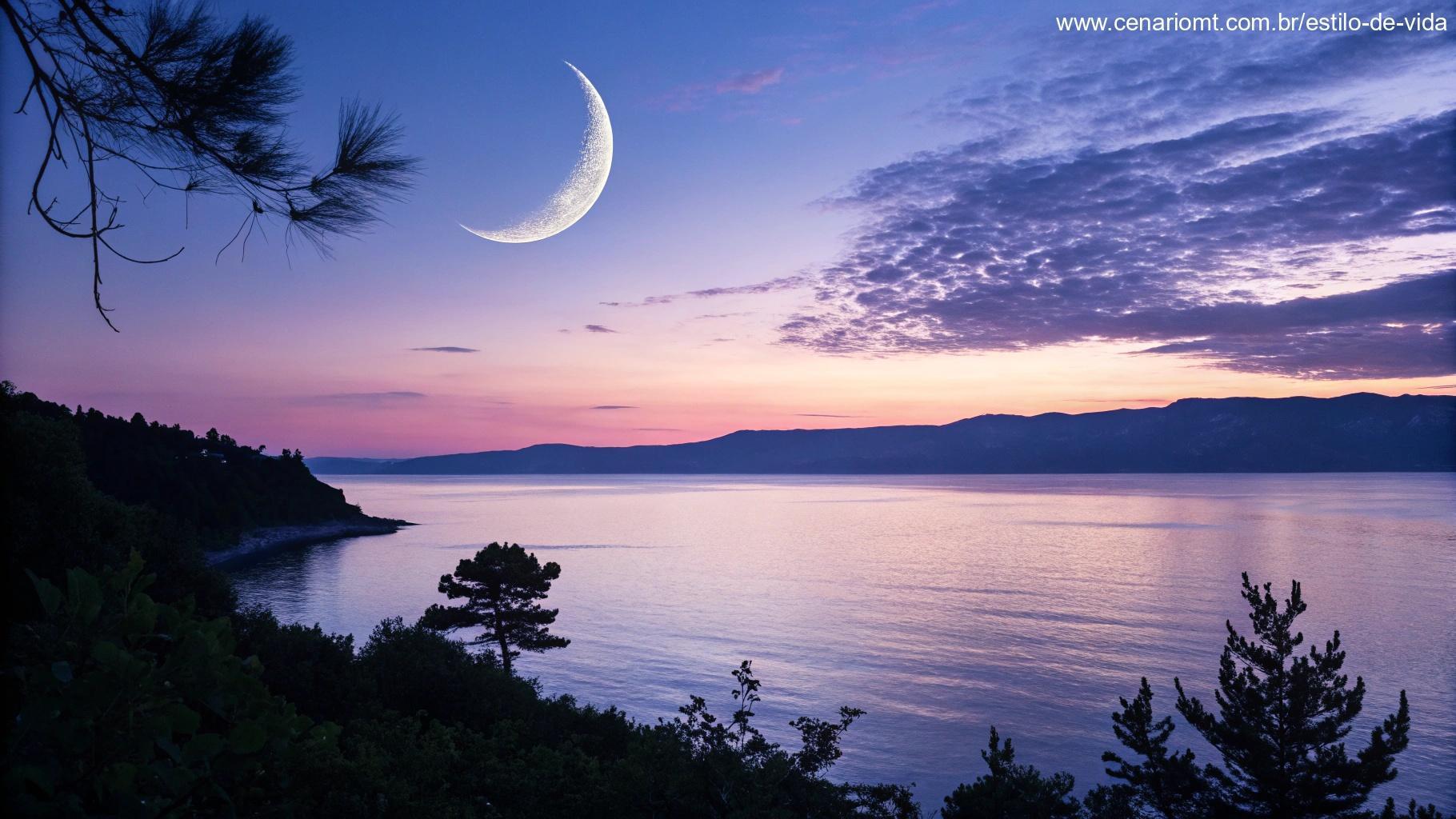 Lua Crescente iluminando paisagem ao entardecer