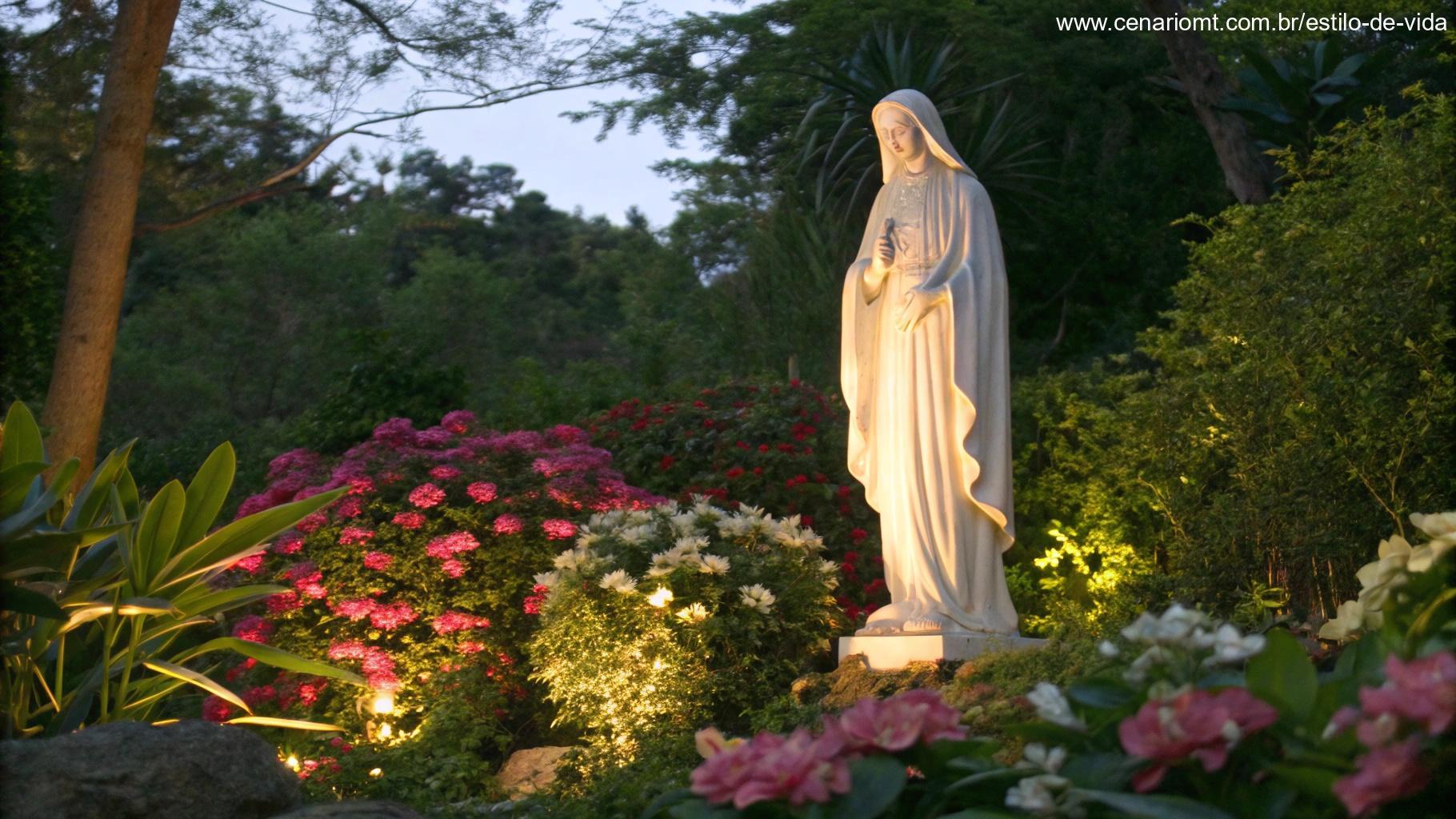 Imagem de um santo iluminado por uma luz suave, rodeado por flores e natureza.