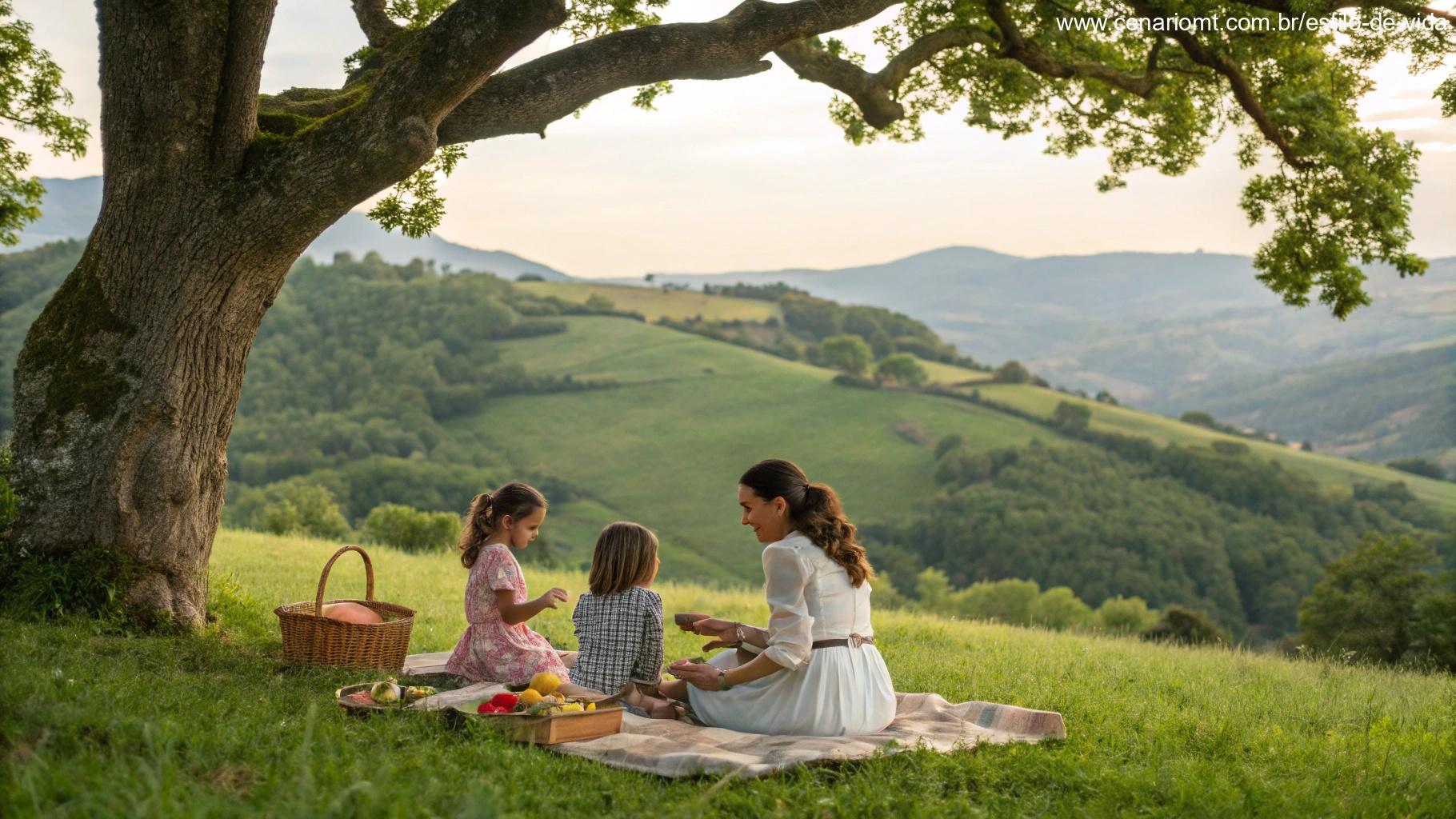 Cena pacífica de uma família reunida na natureza, celebrando o Dia das Mães em 2025 com um piquenique.