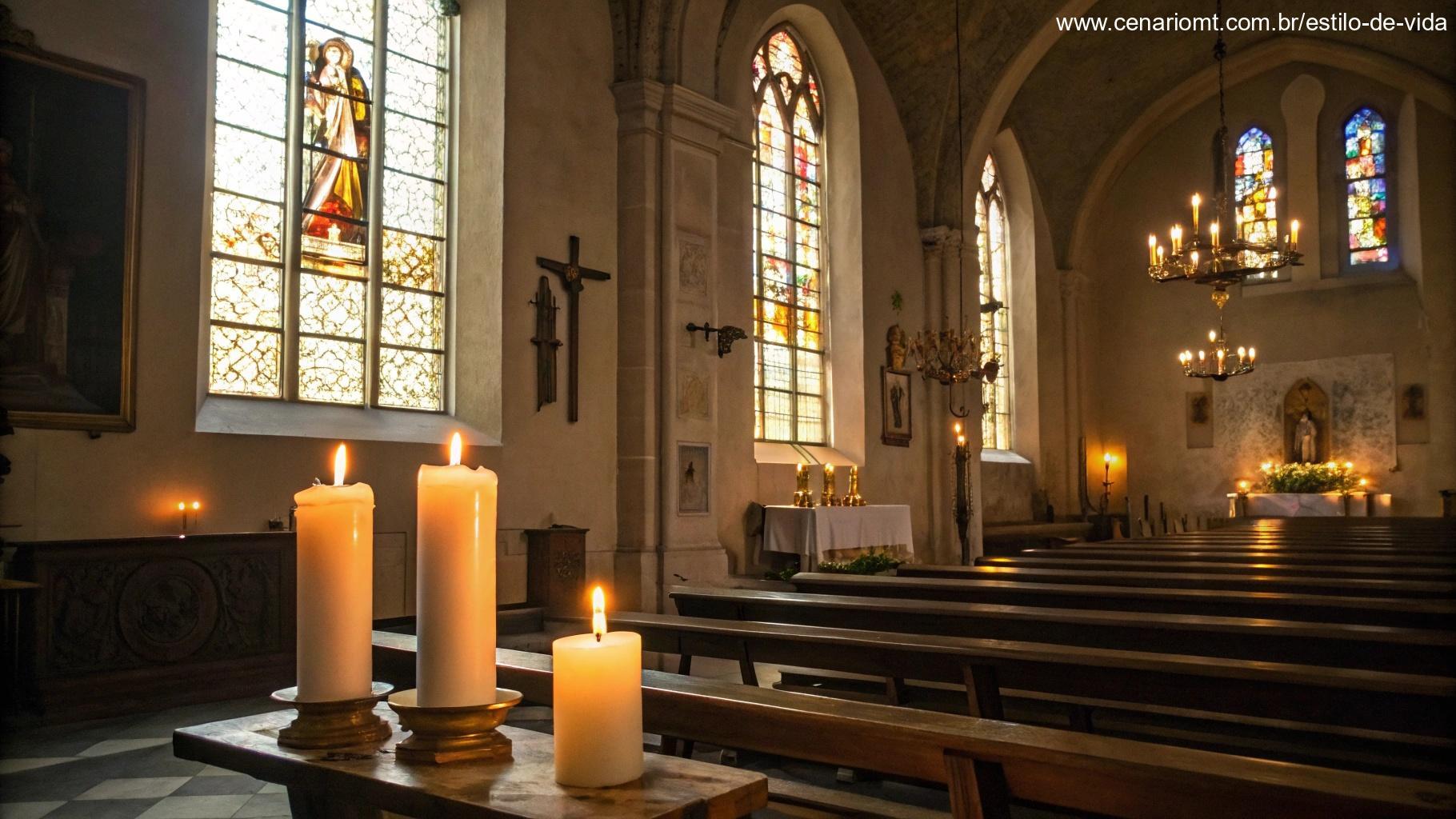 Imagem de uma igreja católica com velas acesas e luz suave, simbolizando fé e devoção