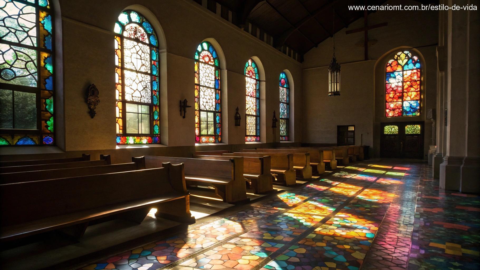 Igreja tranquila com luz suave filtrando pelas janelas de vitrais, criando um ambiente de oração e reflexão.