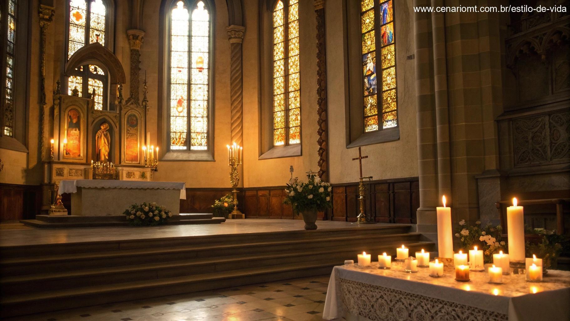 Interior de igreja católica iluminado com luz suave e velas acesas para oração.