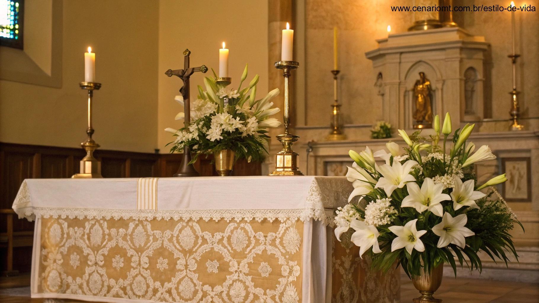 Altar clássico de igreja Católica decorado com lírios brancos e velas, iluminação dourada quente e atmosfera reverente