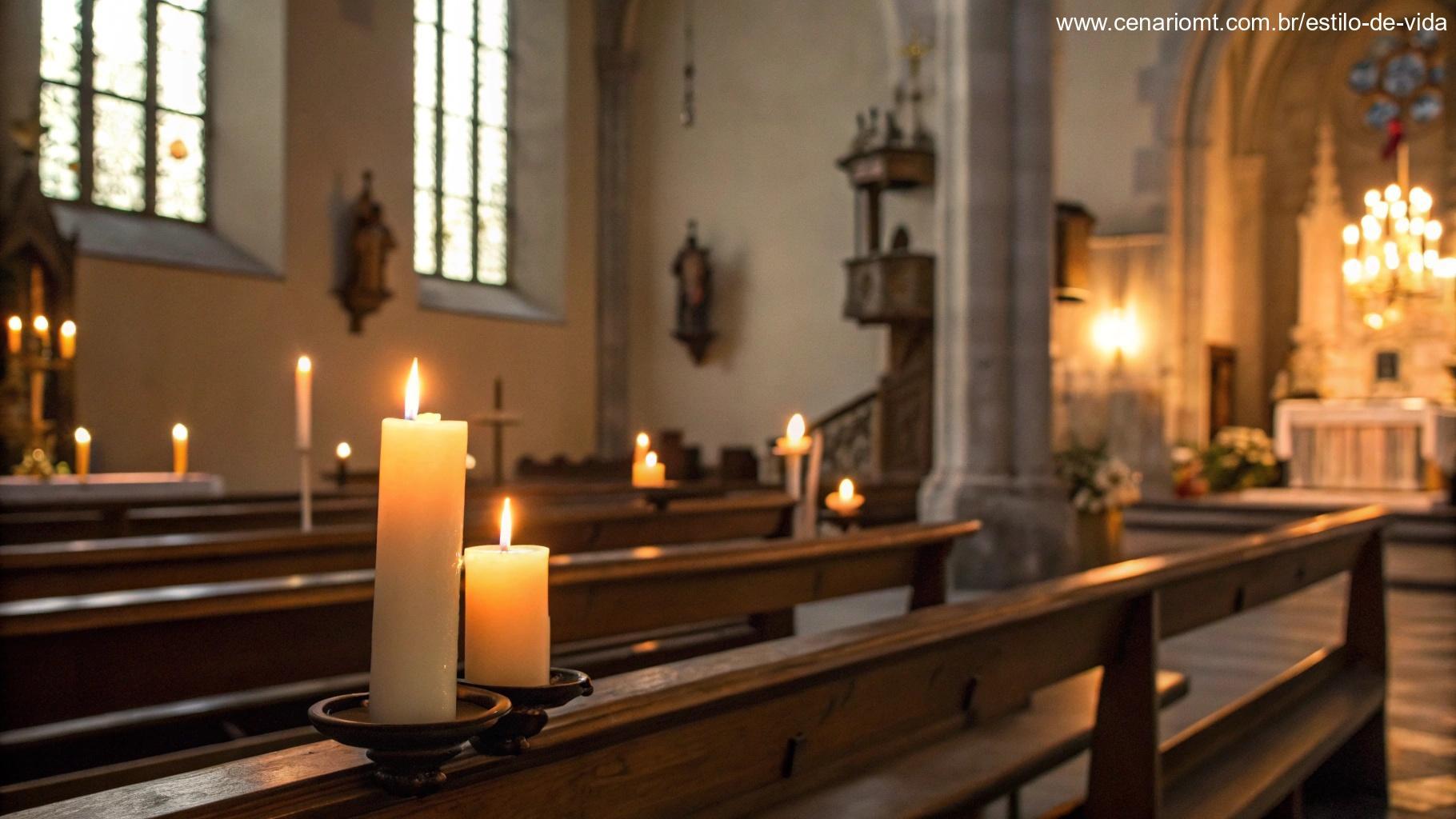 Imagem ilustrando uma oração católica para sexta-feira, 09 de maio de 2025, com o interior de uma igreja e velas suavemente acesas ao fundo.