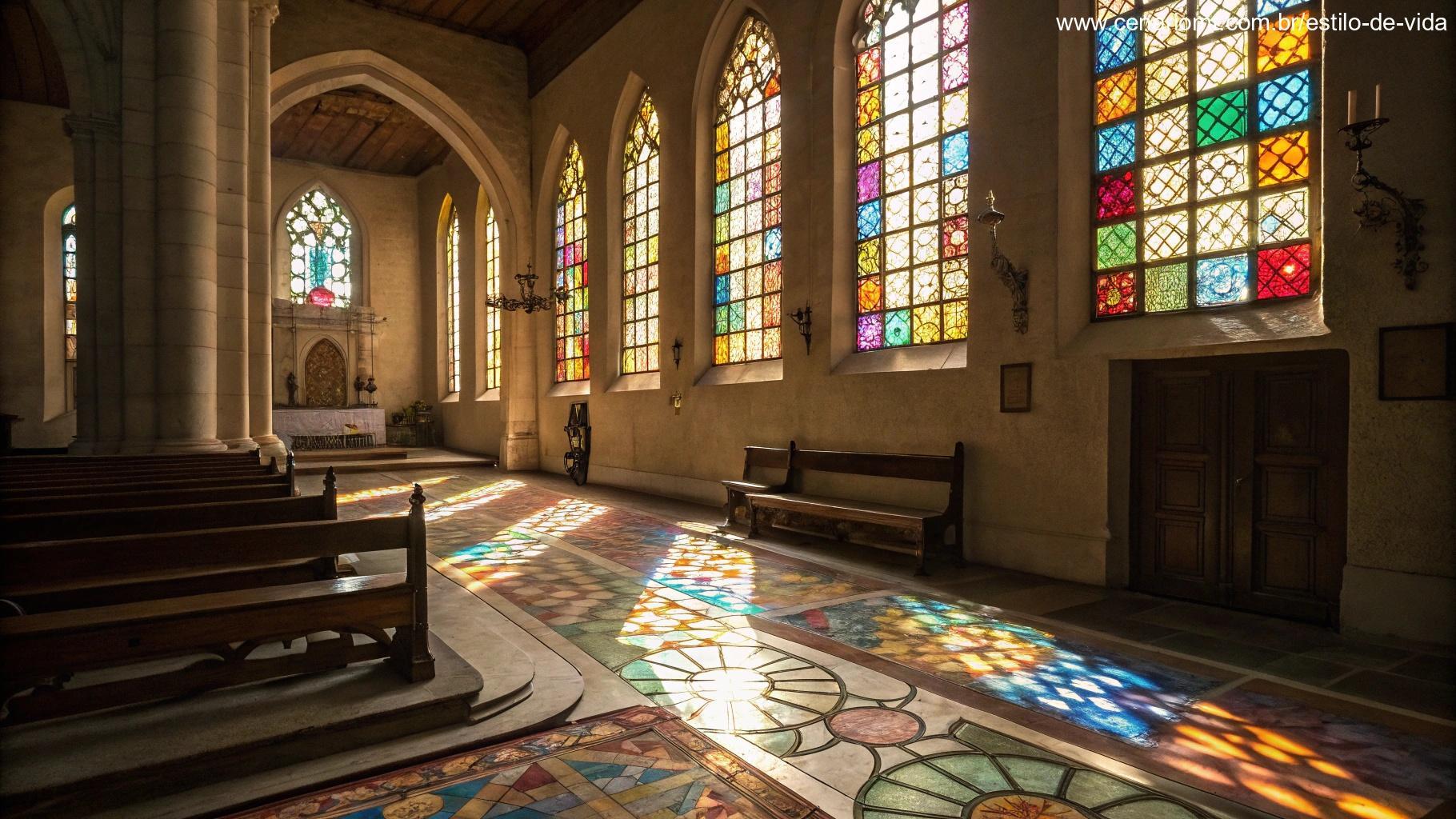Interior tranquilo de uma igreja, com luz suave entrando pelas janelas de vitrais.