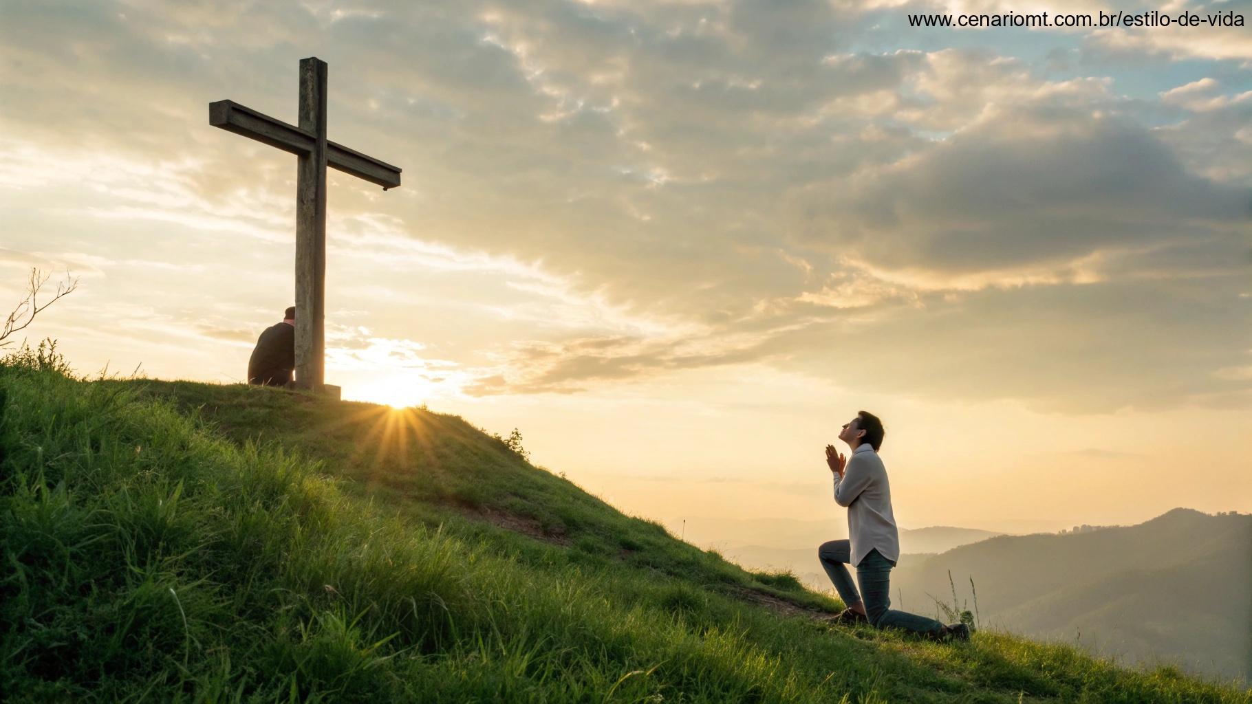 Imagem de uma cruz de madeira em uma colina com uma pessoa em oração