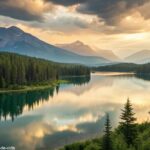 Paisagem tranquila com um grande lago refletindo o céu, cercado por florestas e montanhas, simbolizando um lugar de refúgio e esperança para a alma.