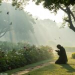 Pessoa orando em um jardim tranquilo durante a manhã de sábado