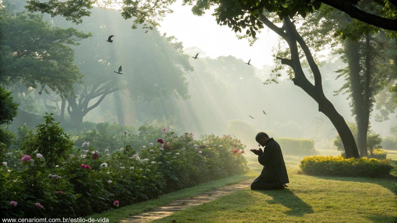 Pessoa orando em um jardim tranquilo durante a manhã de sábado