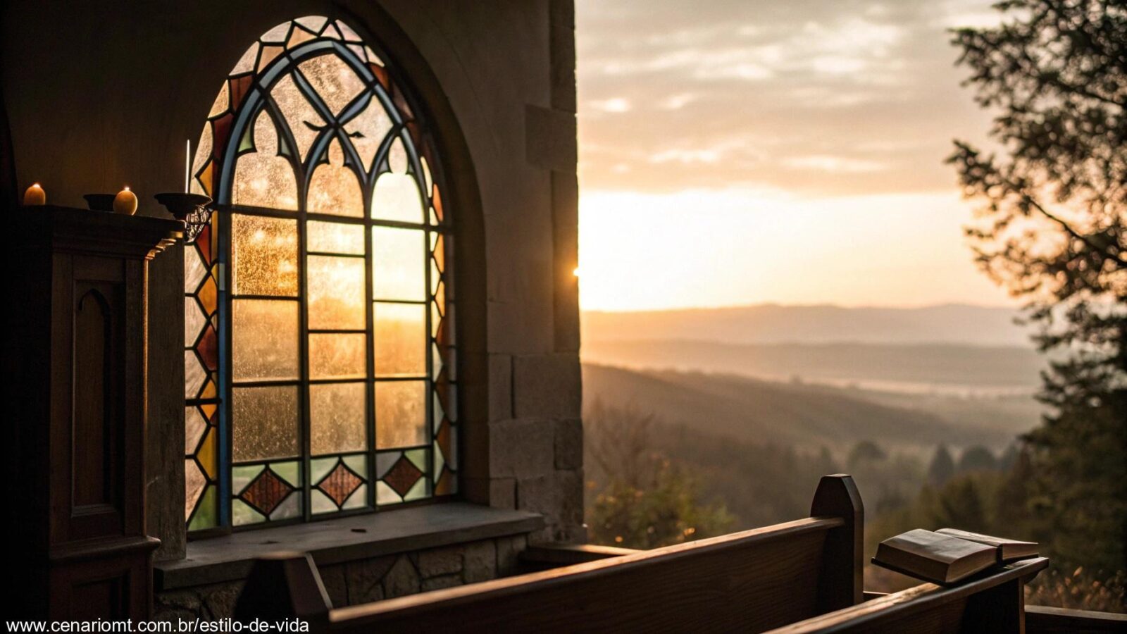 Imagem de luz suave entrando por uma janela de igreja, representando oração e paz neste domingo