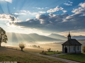 Imagem de uma paisagem serena com luz do sol sobre uma capela ao amanhecer