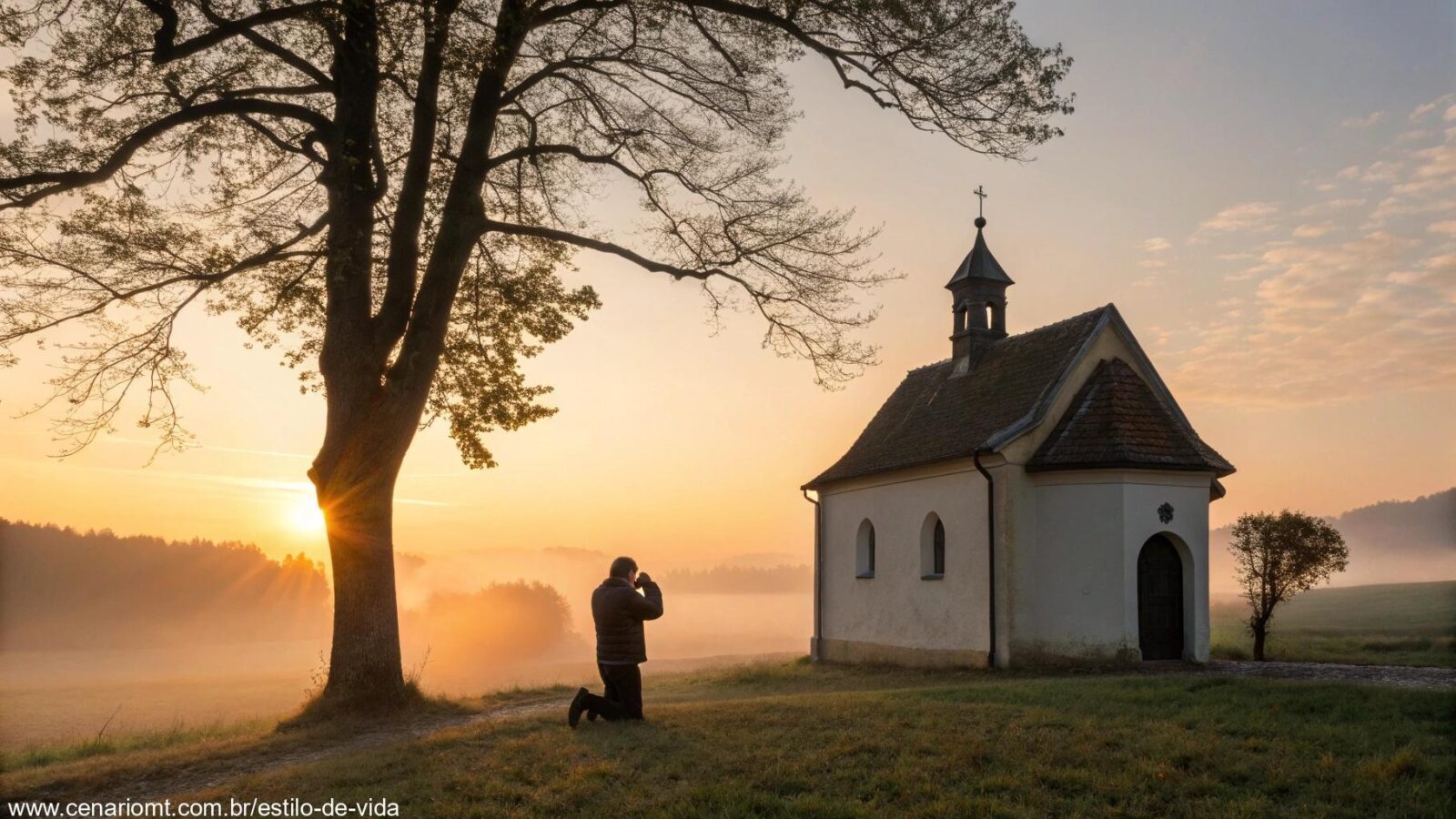 Imagem de uma capela ao amanhecer com uma pessoa orando sob uma árvore
