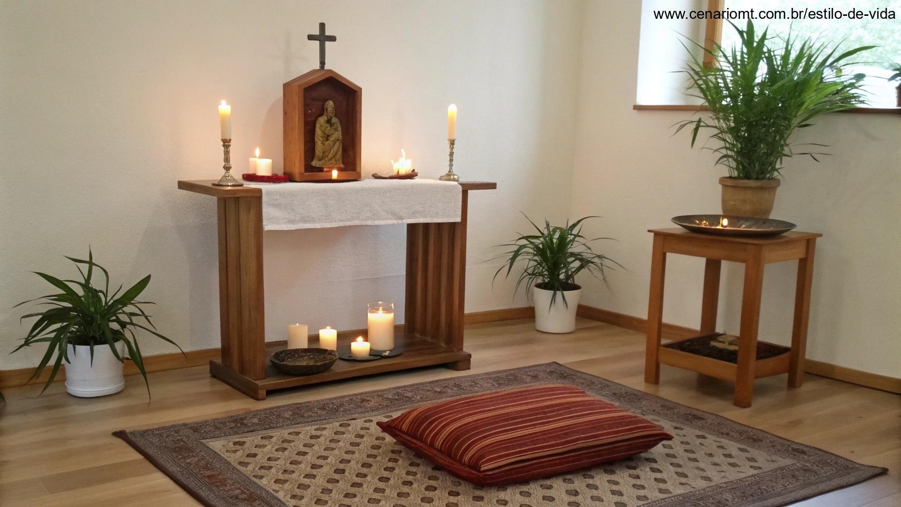 Canto de oração simples com altar, velas e uma atmosfera de paz.