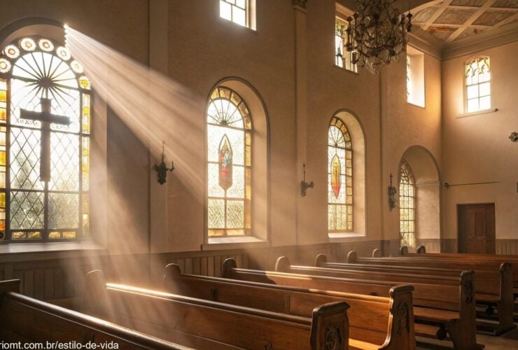 Luz suave da manhã filtrando por vitrais em interior tranquilo de igreja, com símbolos religiosos discretos e bancos de madeira vazios