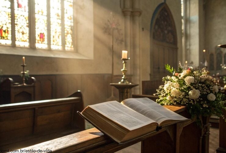 Cena tranquila e serena de uma manhã cedo com luz suave passando por vitrais coloridos em uma igreja histórica, iluminando um livro de orações aberto em um banco de madeira, com flores delicadas e velas acesas ao fundo, evocando reflexão e calma espiritual