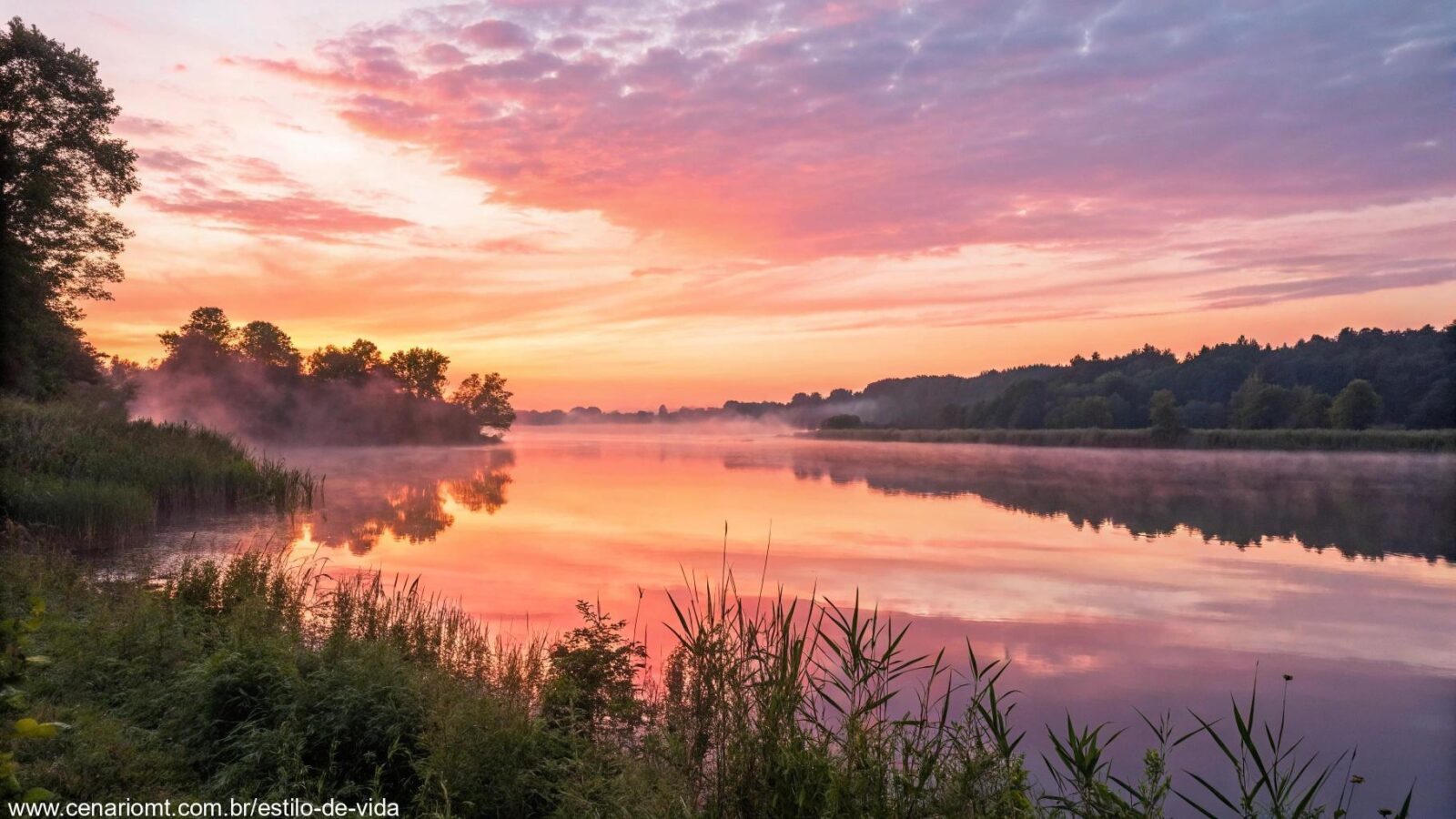 Imagem de um amanhecer sereno sobre um lago calmo, com o céu em tons suaves de rosa e laranja.