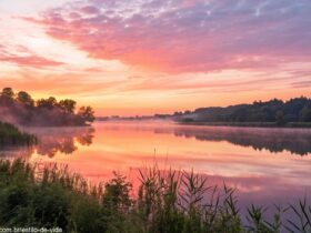 Imagem de um amanhecer sereno sobre um lago calmo, com o céu em tons suaves de rosa e laranja.