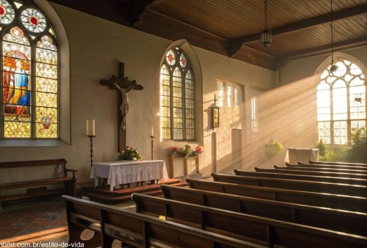 Igreja tranquila com luz do sol entrando pelos vitrais, bancos de madeira vazios e um altar simples com uma cruz