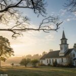 Cenário tranquilo de manhã com uma igreja e luz do sol filtrando pelas árvores.