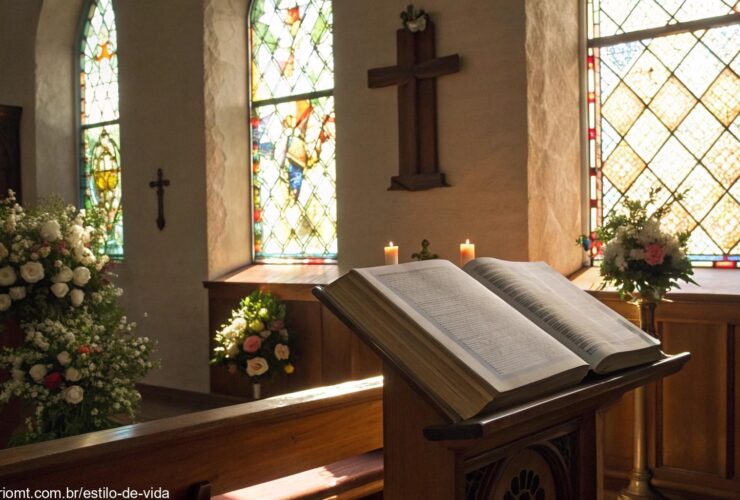 Luz suave da manhã passando por vitrais em uma capela tranquila, iluminando um livro de orações aberto sobre um altar de madeira com arranjos florais delicados, ambiente acolhedor e sereno