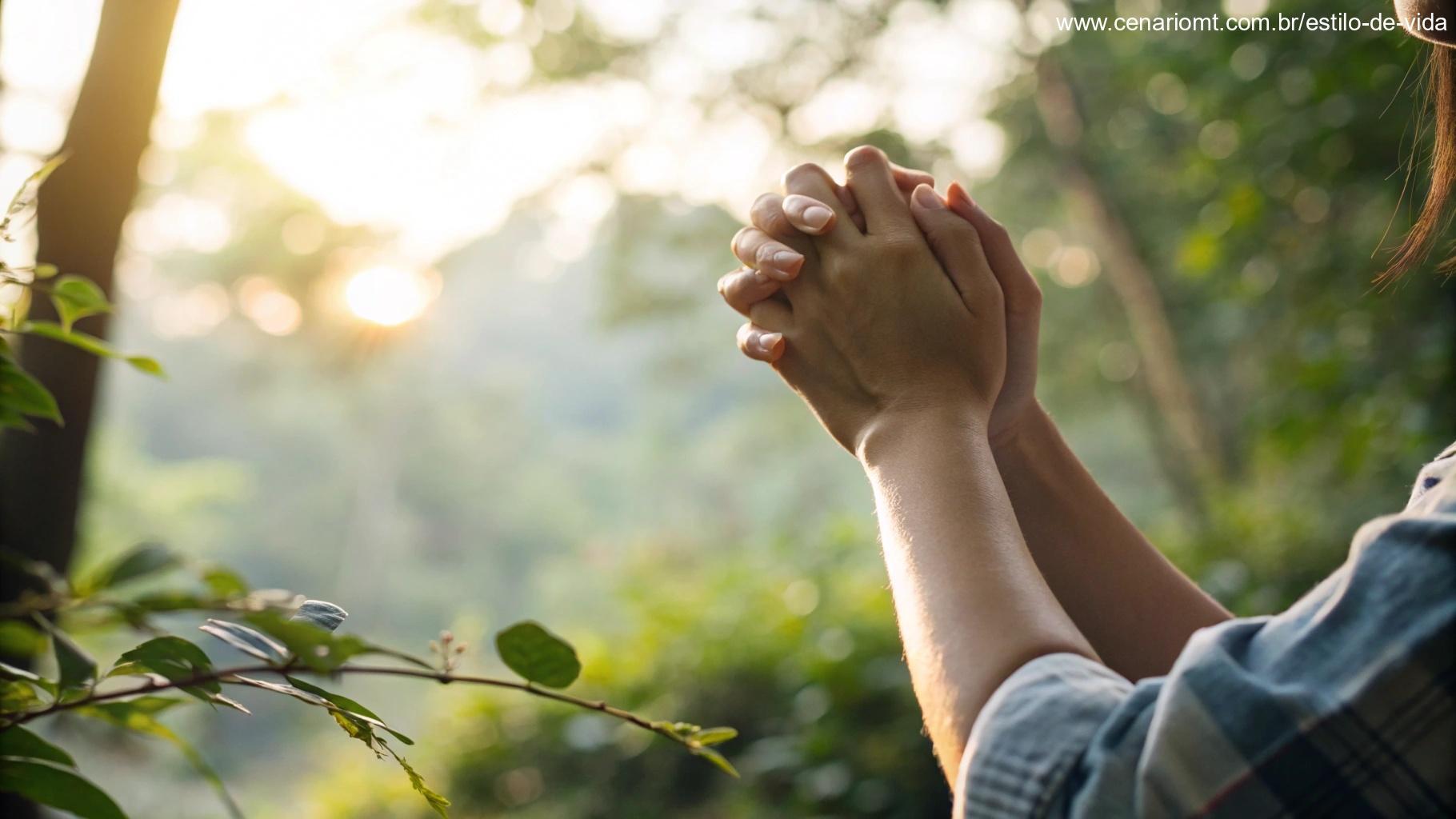 Mãos delicadamente unidas em oração com luz quente e suave incidindo, com fundo natural desfocado de vegetação e luz do sol, simbolizando fé e força