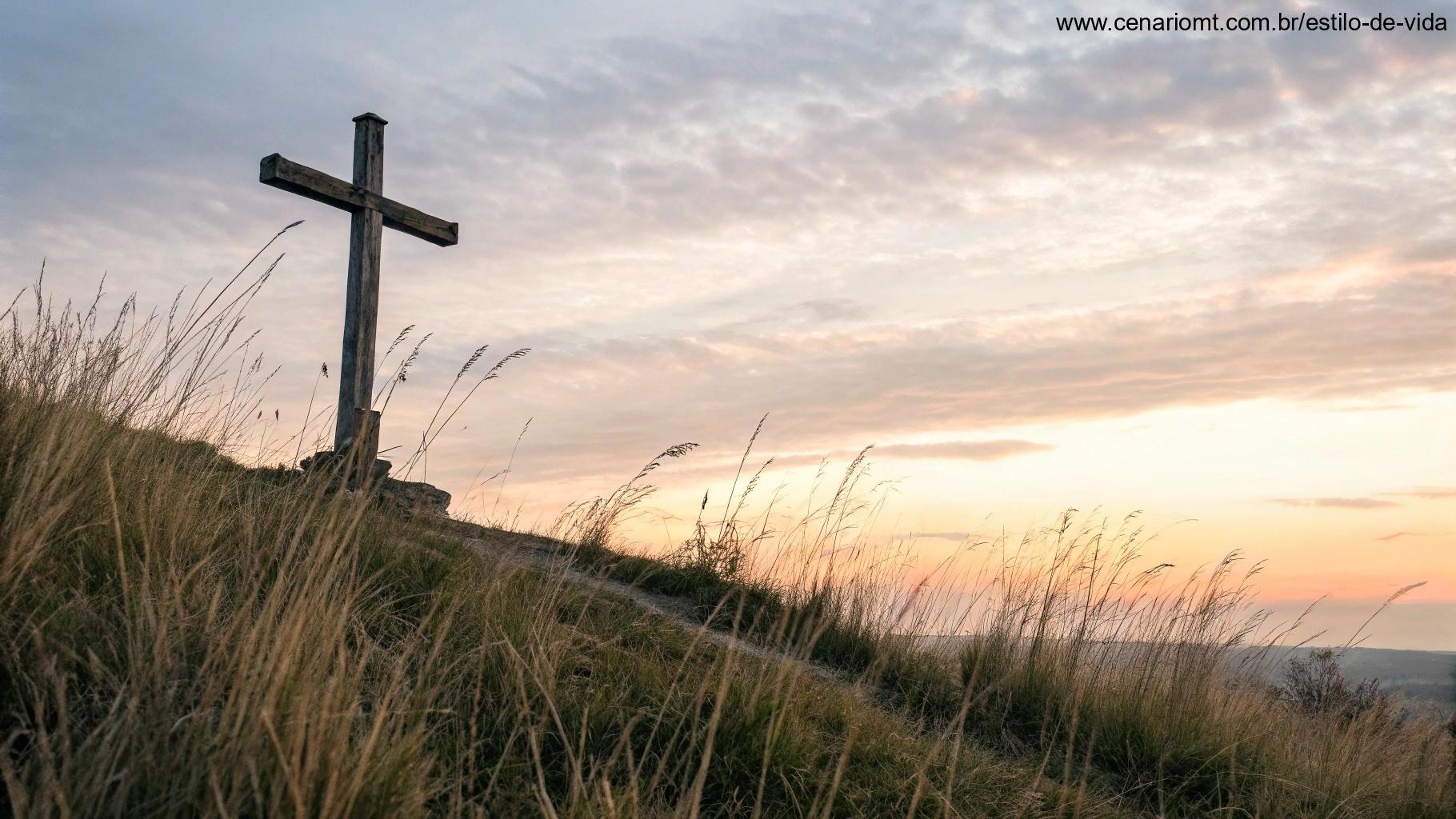 Cruz de madeira rústica em uma colina sob um céu suave de amanhecer em tons pastéis, brisa leve movimentando a grama alta, evocando um momento de reflexão e oração em uma manhã tranquila