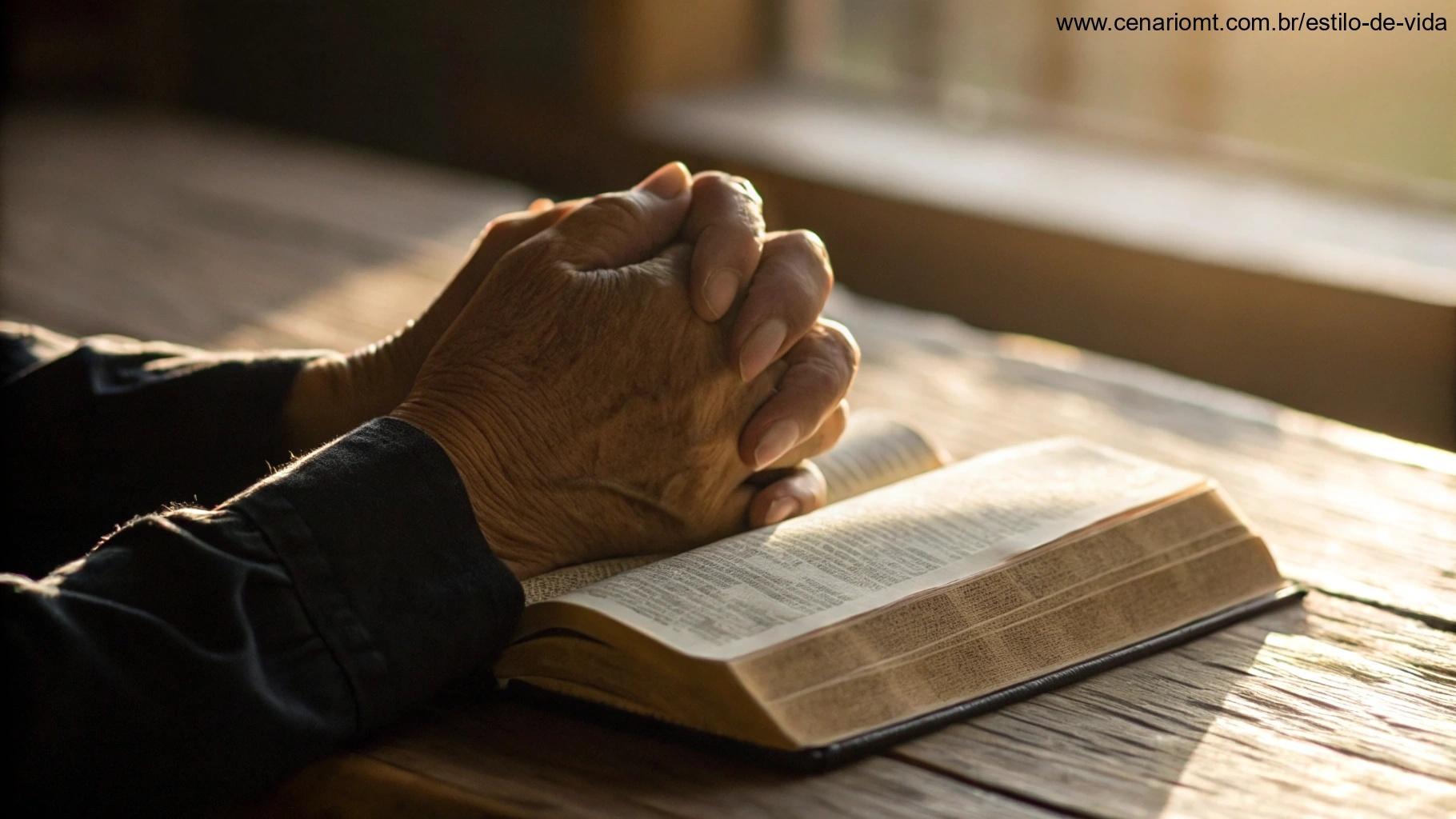 Mãos envelhecidas em oração sobre um livro de salmos iluminado