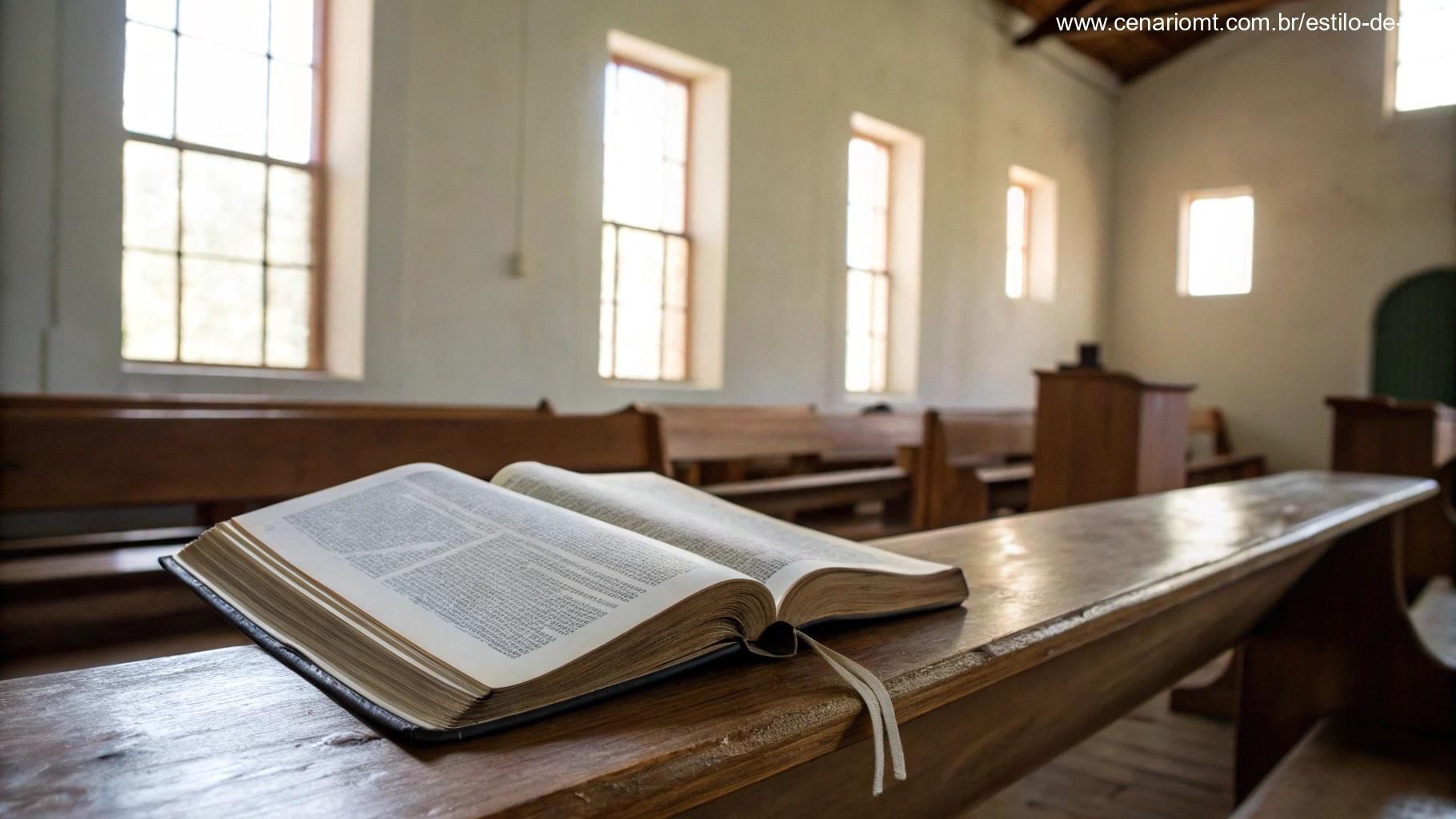 Bíblia aberta em uma mesa de madeira em uma igreja evangélica simples