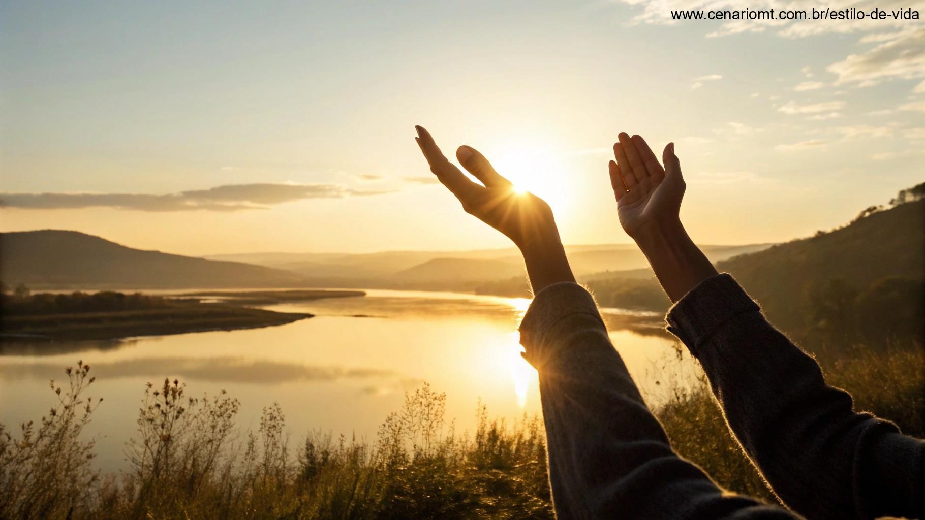 Imagem de mãos erguidas ao nascer do sol, representando oração evangélica e força espiritual