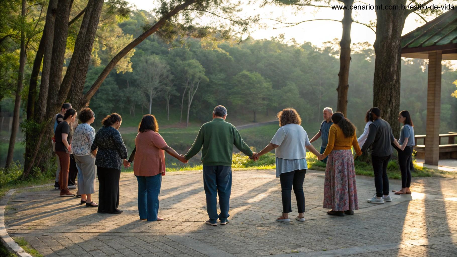 Grupo de pessoas em oração, de mãos dadas, ao ar livre, em um ambiente natural.