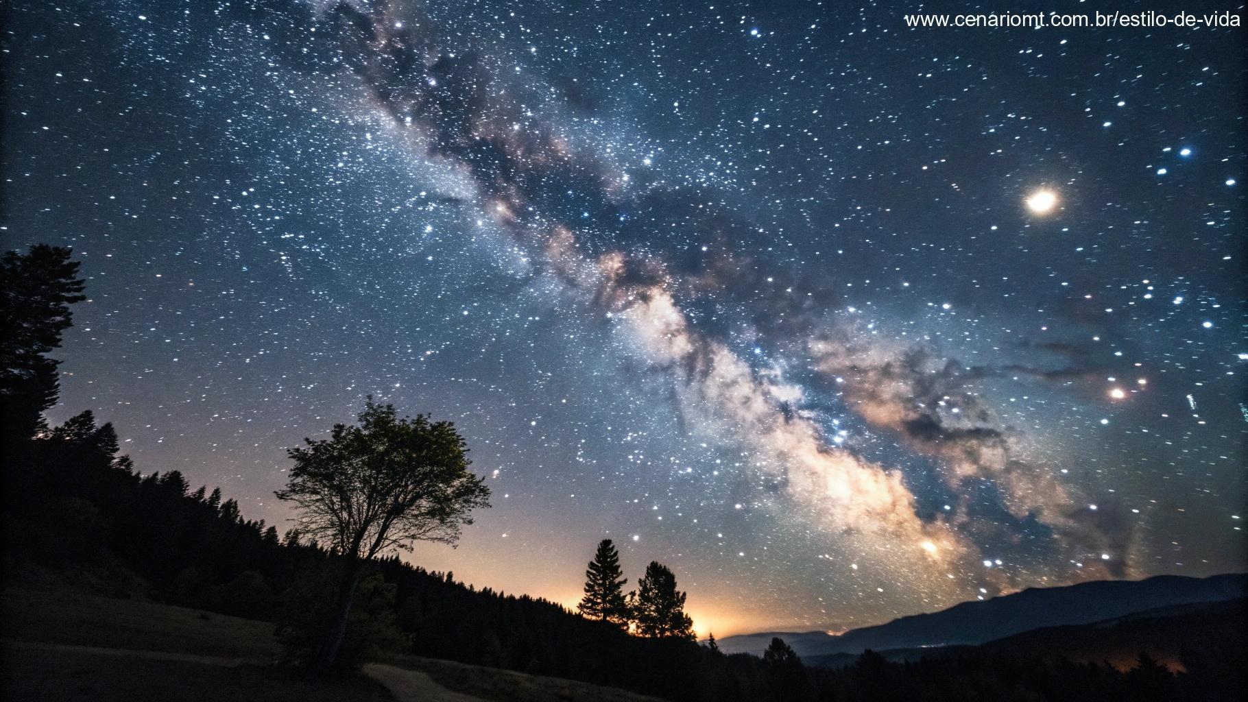 Céu noturno com estrelas, planetas visíveis e outros fenômenos astronômicos