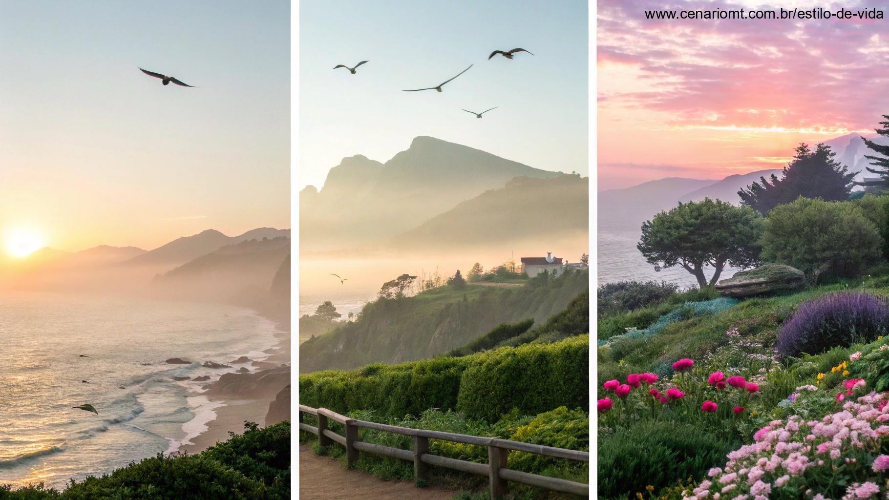 Cenas pacíficas como nascer do sol no oceano, névoa matinal nas montanhas e jardim com flores e pássaros