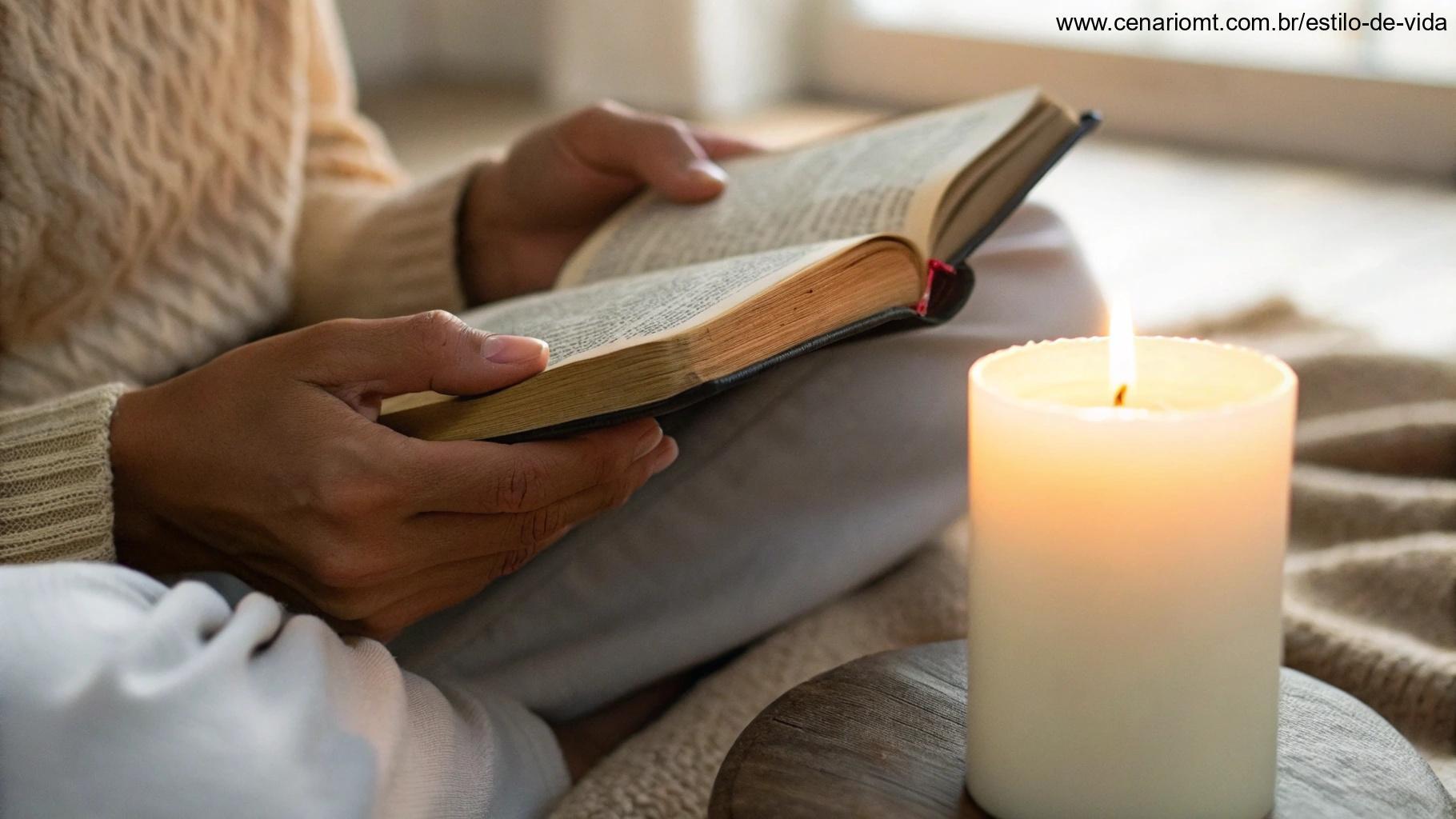 Cena acolhedora de mãos segurando uma Bíblia com uma vela acesa ao lado, simbolizando a mensagem da Palavra de Deus para hoje
