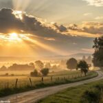 Nascer do sol tranquilo em meio à natureza, transmitindo força e sabedoria para esta terça-feira