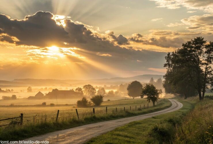Nascer do sol tranquilo em meio à natureza, transmitindo força e sabedoria para esta terça-feira