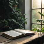 Cena inspiradora com uma Bíblia aberta sobre uma mesa de madeira, luz suave da manhã entrando pela janela e plantas verdes ao redor, simbolizando a reflexão bíblica para quarta-feira, 14 de maio de 2025
