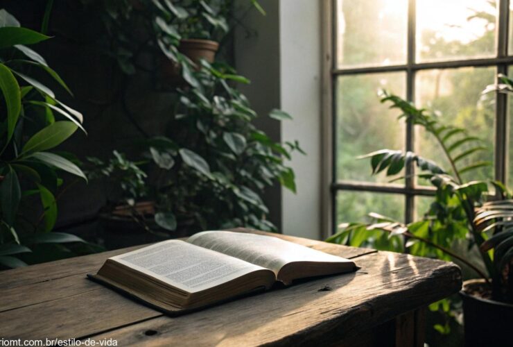 Cena inspiradora com uma Bíblia aberta sobre uma mesa de madeira, luz suave da manhã entrando pela janela e plantas verdes ao redor, simbolizando a reflexão bíblica para quarta-feira, 14 de maio de 2025