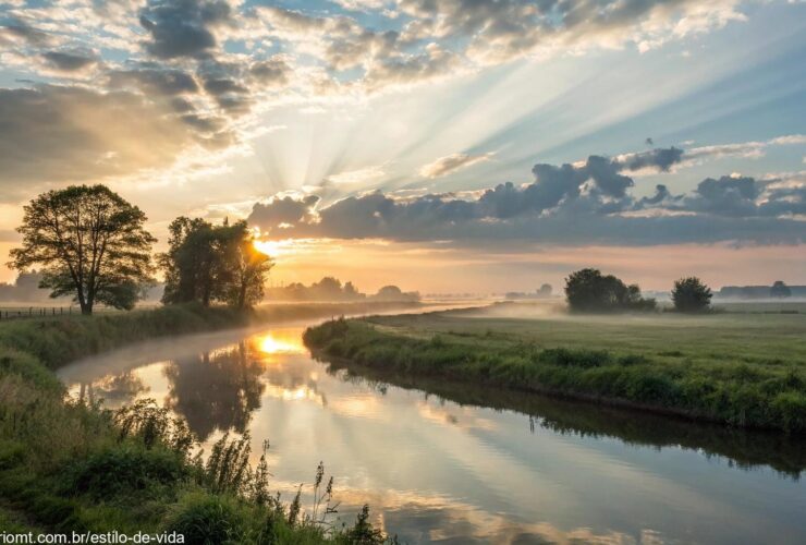 Amanhecer tranquilo sobre o campo pacífico com raios suaves de luz atravessando nuvens leves, um rio calmo refletindo o céu, evocando calma e reflexão espiritual