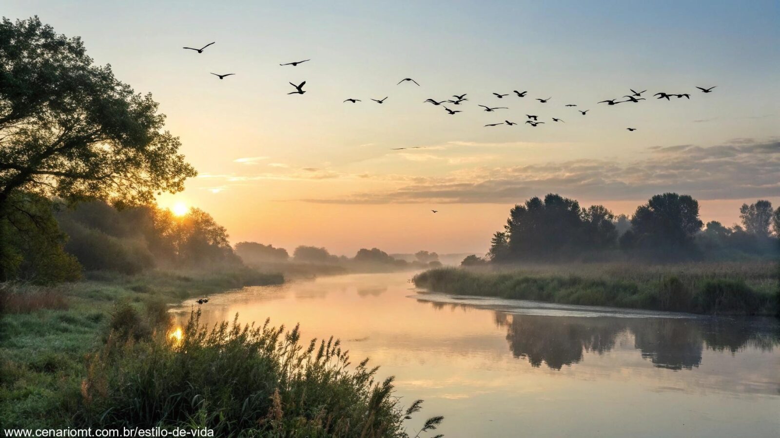 Imagem de uma cena tranquila da natureza, com o nascer do sol, um rio calmo e pássaros voando no céu da manhã.