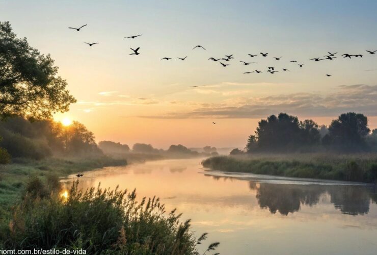 Imagem de uma cena tranquila da natureza, com o nascer do sol, um rio calmo e pássaros voando no céu da manhã.